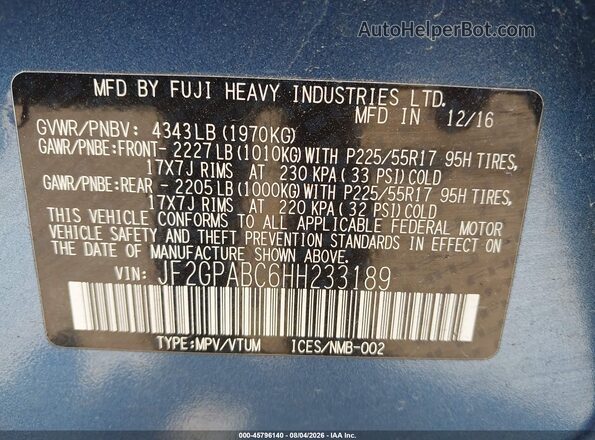 JF2GPABC6HH233189 2017 SUBARU CROSSTREK Blue Շարժիչի բաժամունքի տեսք