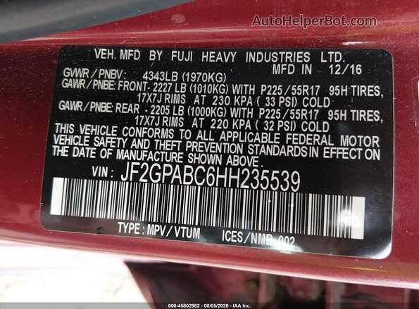 JF2GPABC6HH235539 2017 SUBARU CROSSTREK Red ძრავის განყოფილების ხედი