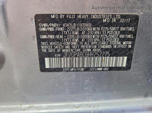 JF2GPABC6HH252275 2017 SUBARU CROSSTREK Silver Widok naklejki z numerem VIN