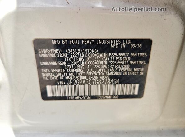 JF2GPABC7G8278494 2016 SUBARU CROSSTREK Белый Вид наклейки с VIN-кодом