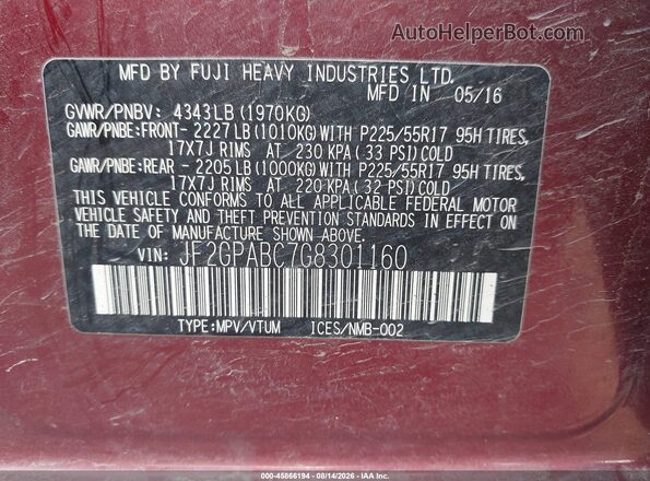 JF2GPABC7G8301160 2016 SUBARU CROSSTREK Burgundy Շարժիչի բաժամունքի տեսք