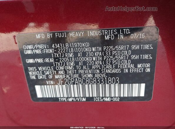 JF2GPABC8G8331803 2016 SUBARU CROSSTREK Красный Вид подкапотного пространства
