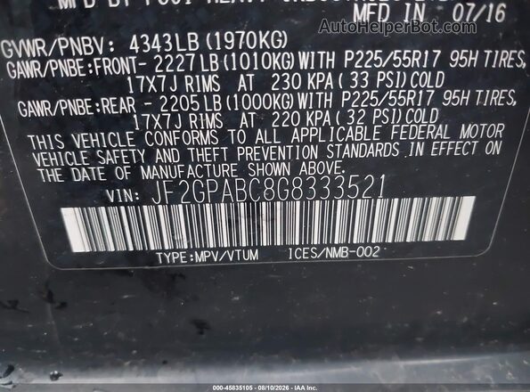 JF2GPABC8G8333521 2016 SUBARU CROSSTREK Черный Вид подкапотного пространства