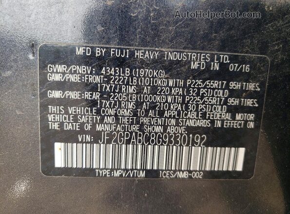 JF2GPABC8G9330192 2016 SUBARU CROSSTREK Gray Vista de la etiqueta del VIN