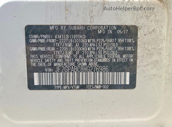 JF2GPABC8HG276986 2017 SUBARU CROSSTREK White VIN კოდის სტიკერის ხედი