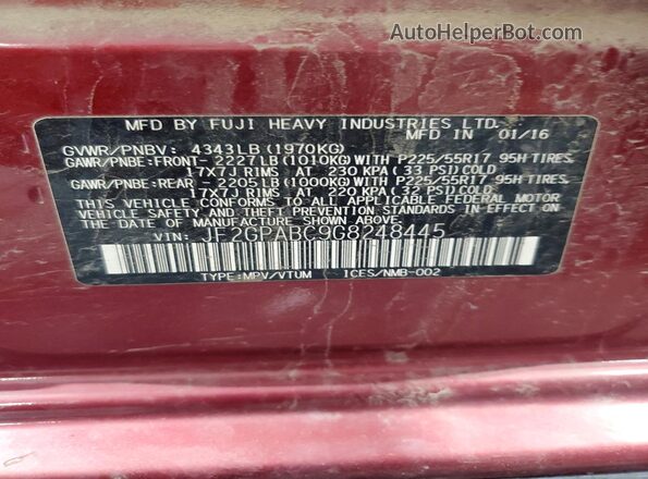 JF2GPABC9G8248445 2016 SUBARU CROSSTREK Red VIN կոդի պիտակի տեսք
