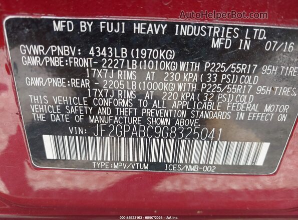 JF2GPABC9G8325041 2016 SUBARU CROSSTREK Red Vista del compartimento del motor