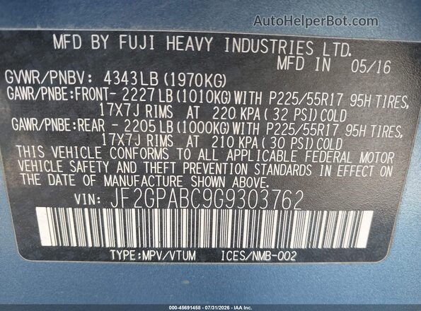 JF2GPABC9G9303762 2016 SUBARU CROSSTREK Blue Widok komory silnika
