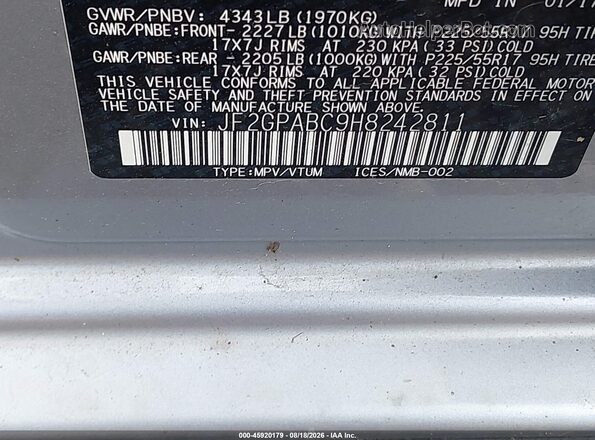 JF2GPABC9H8242811 2017 SUBARU CROSSTREK Gray Engine compartment view