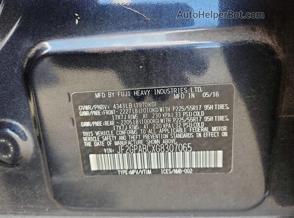 JF2GPABCXG8307065 2016 SUBARU CROSSTREK Угольный Вид наклейки с VIN-кодом