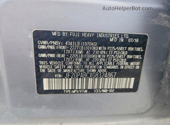 JF2GPABCXG8324867 2016 SUBARU CROSSTREK Silver Vista del compartimento del motor