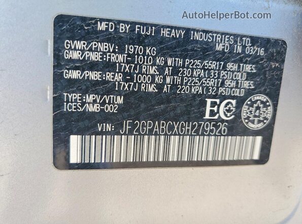 JF2GPABCXGH279526 2016 SUBARU CROSSTREK Silver 360 interior view
