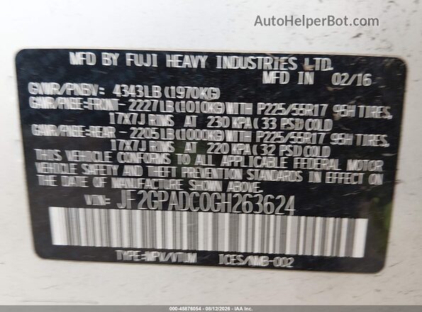 JF2GPADC0GH263624 2016 SUBARU CROSSTREK White Շարժիչի բաժամունքի տեսք