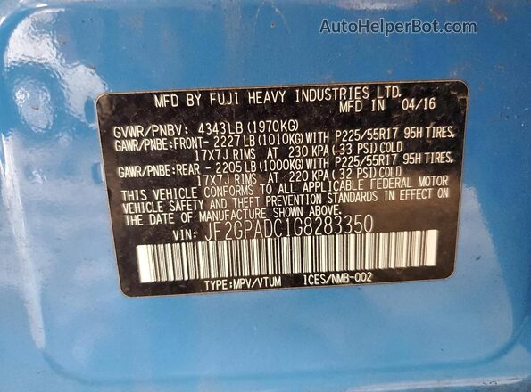 JF2GPADC1G8283350 2016 SUBARU CROSSTREK Blue VIN კოდის სტიკერის ხედი