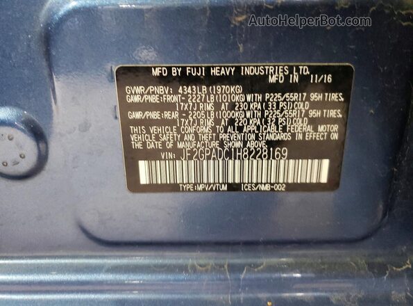 JF2GPADC1H8228169 2017 SUBARU CROSSTREK Blue Вид наклейки з VIN-кодом