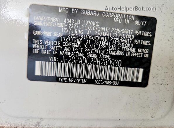 JF2GPADC2HH280930 2017 SUBARU CROSSTREK White ძრავის განყოფილების ხედი