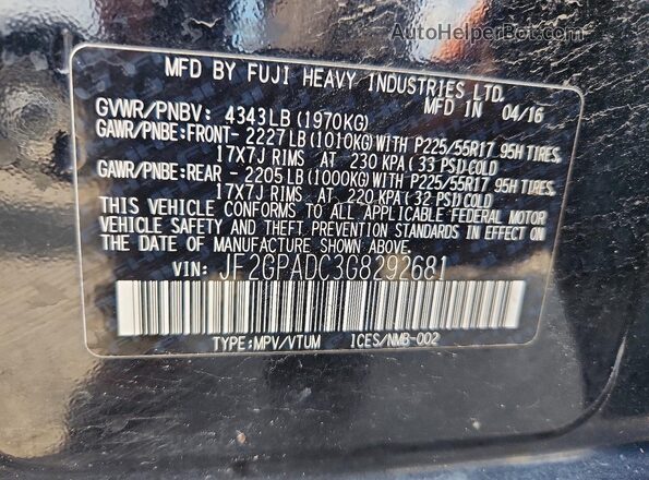 JF2GPADC3G8292681 2016 SUBARU CROSSTREK Black სალონის 360-გრადუსიანი ხედი
