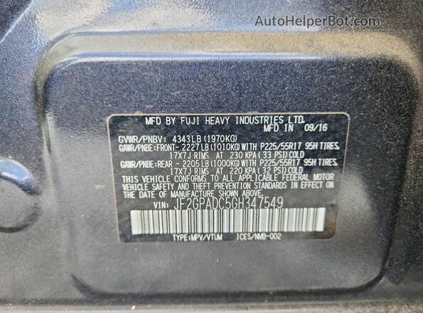 JF2GPADC5GH347549 2016 SUBARU CROSSTREK Charcoal Vista de la etiqueta del VIN