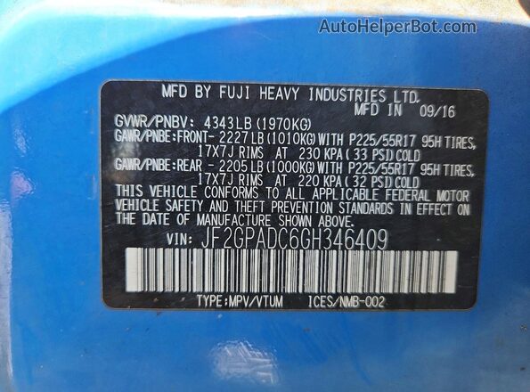 JF2GPADC6GH346409 2016 SUBARU CROSSTREK Blue Вид підкапотного простору