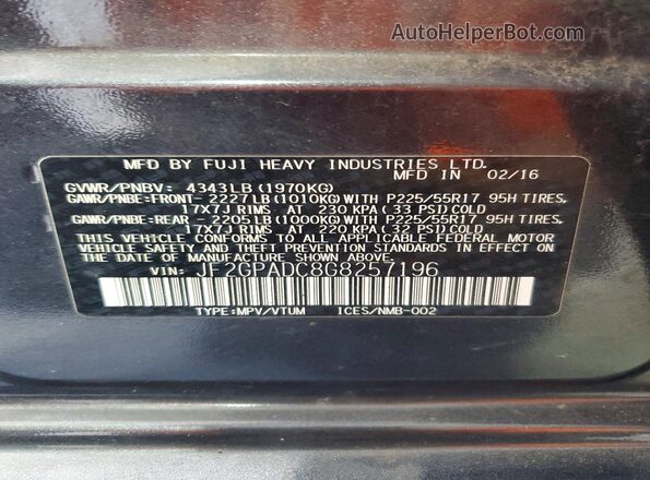 JF2GPADC8G8257196 2016 SUBARU CROSSTREK Black VIN კოდის სტიკერის ხედი