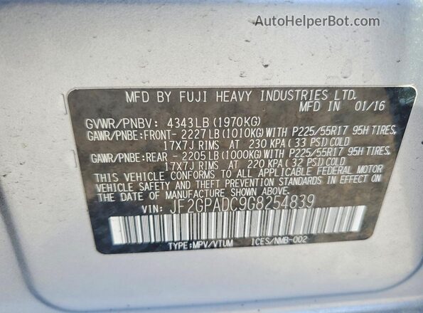 JF2GPADC9G8254839 2016 SUBARU CROSSTREK Серебряный Вид наклейки с VIN-кодом