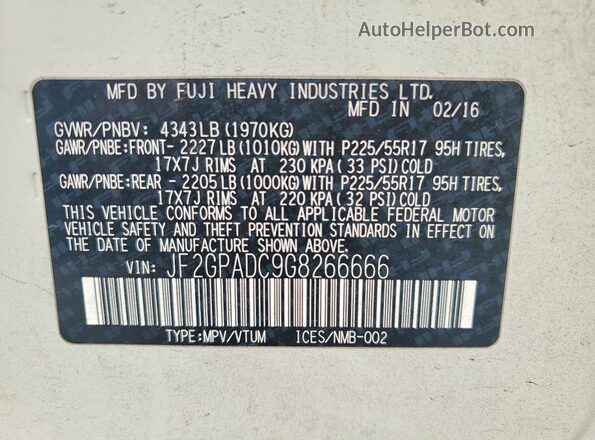 JF2GPADC9G8266666 2016 SUBARU CROSSTREK White VIN კოდის სტიკერის ხედი