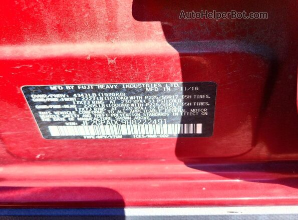 JF2GPADC9H8222491 2017 SUBARU CROSSTREK Burgundy VIN კოდის სტიკერის ხედი