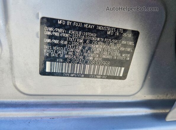 JF2GPADCXG8300968 2016 SUBARU CROSSTREK Silver Widok naklejki z numerem VIN