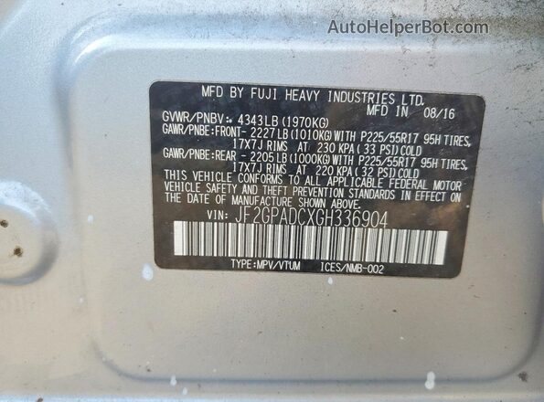 JF2GPADCXGH336904 2016 SUBARU CROSSTREK Silver Widok naklejki z numerem VIN