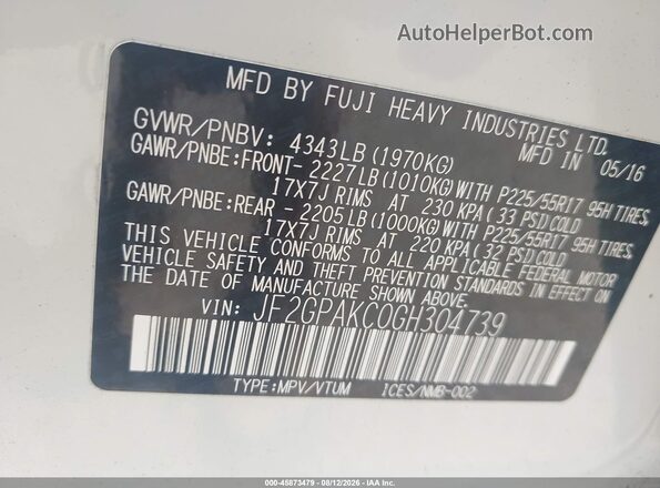 JF2GPAKC0GH304739 2016 SUBARU CROSSTREK White Вид підкапотного простору