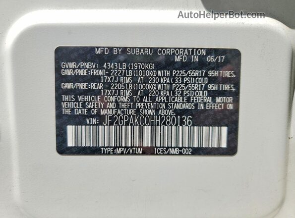 JF2GPAKC0HH280136 2017 SUBARU CROSSTREK White Widok naklejki z numerem VIN
