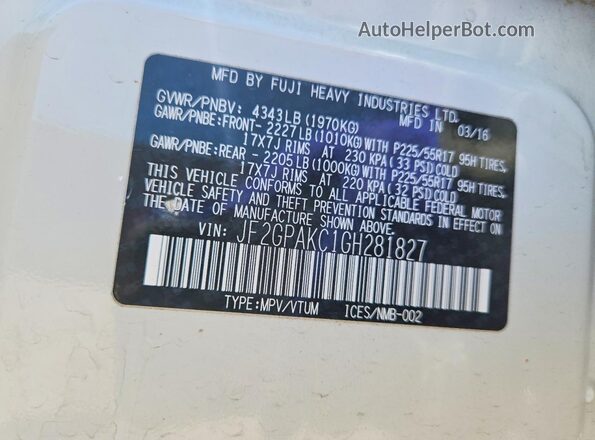 JF2GPAKC1GH281827 2016 SUBARU CROSSTREK White VIN sticker view