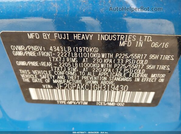 JF2GPAKC1GH319430 2016 SUBARU CROSSTREK Blue Շարժիչի բաժամունքի տեսք