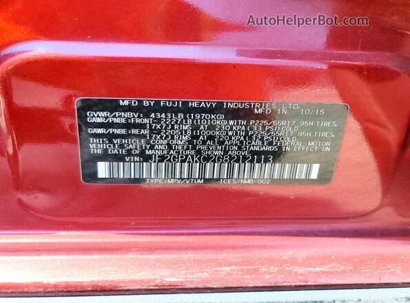 JF2GPAKC2G8212113 2016 SUBARU CROSSTREK Burgundy VIN კოდის სტიკერის ხედი