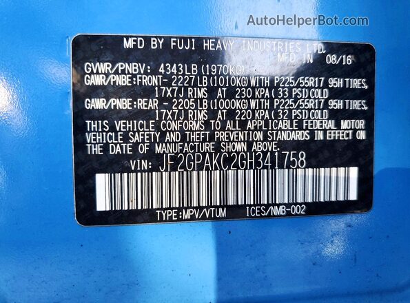 JF2GPAKC2GH341758 2016 SUBARU CROSSTREK Blue Widok naklejki z numerem VIN