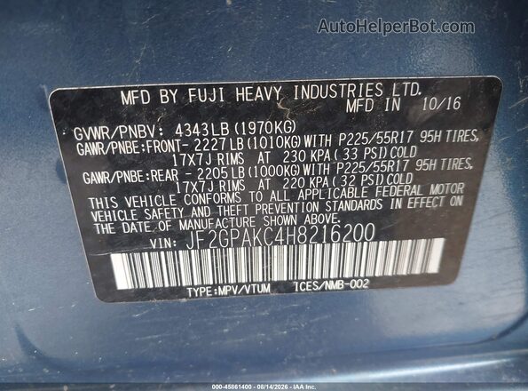 JF2GPAKC4H8216200 2017 SUBARU CROSSTREK Синий Вид подкапотного пространства
