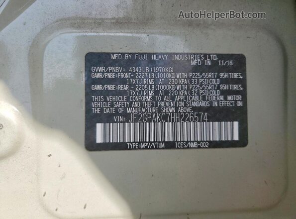 JF2GPAKC7HH226574 2017 SUBARU CROSSTREK Beige Vista de la etiqueta del VIN