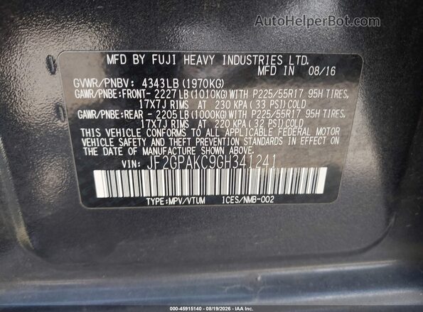 JF2GPAKC9GH341241 2016 SUBARU CROSSTREK Black ძრავის განყოფილების ხედი