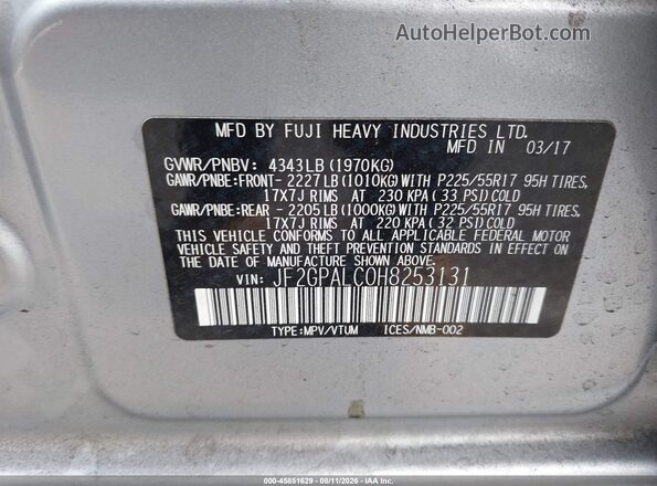 JF2GPALC0H8253131 2017 SUBARU CROSSTREK Silver Widok komory silnika