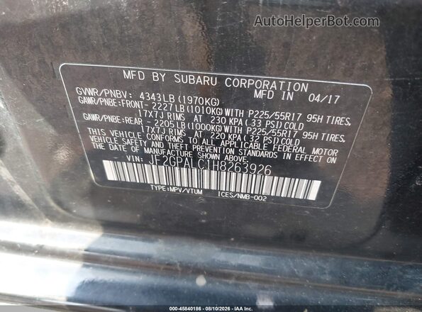 JF2GPALC1H8263926 2017 SUBARU CROSSTREK Black Շարժիչի բաժամունքի տեսք