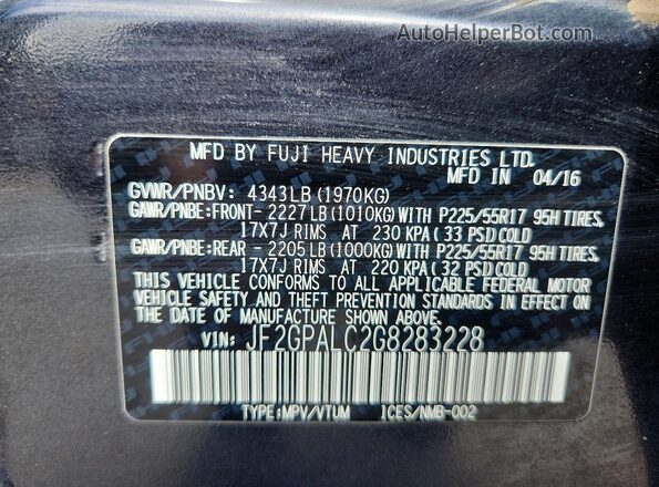 JF2GPALC2G8283228 2016 SUBARU CROSSTREK Gray VIN կոդի պիտակի տեսք