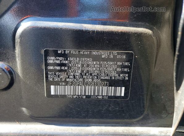 JF2GPALC2G8330273 2016 SUBARU CROSSTREK Charcoal Widok naklejki z numerem VIN