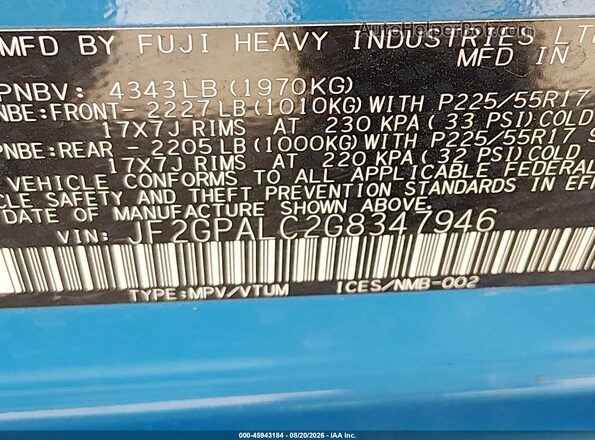 JF2GPALC2G8347946 2016 SUBARU CROSSTREK Blue Вид підкапотного простору