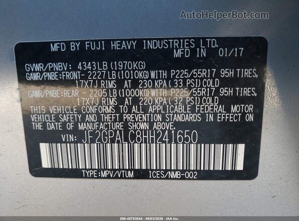 JF2GPALC8HH241650 2017 SUBARU CROSSTREK Gray Widok komory silnika