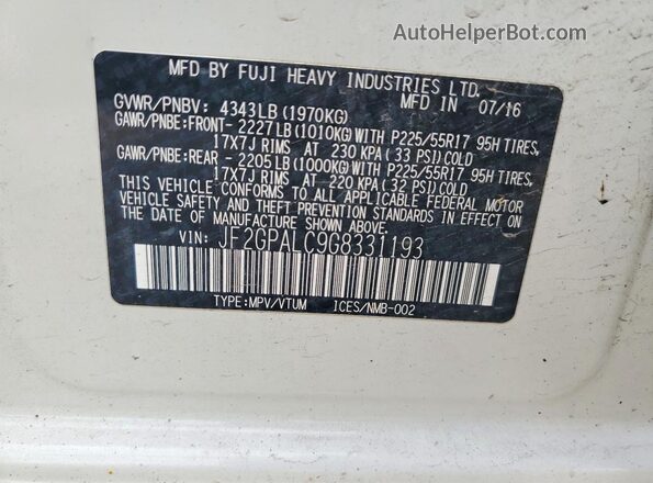 JF2GPALC9G8331193 2016 SUBARU CROSSTREK White VIN կոդի պիտակի տեսք