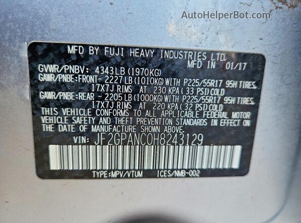 JF2GPANC0H8243129 2017 SUBARU CROSSTREK Silver Vista del compartimento del motor