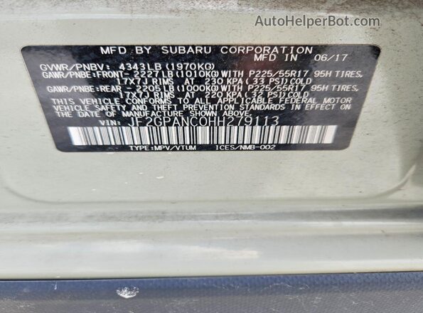 JF2GPANC0HH279113 2017 SUBARU CROSSTREK Beige Widok naklejki z numerem VIN