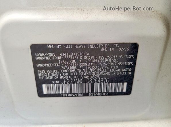 JF2GPANC1G8264876 2016 SUBARU CROSSTREK White VIN კოდის სტიკერის ხედი
