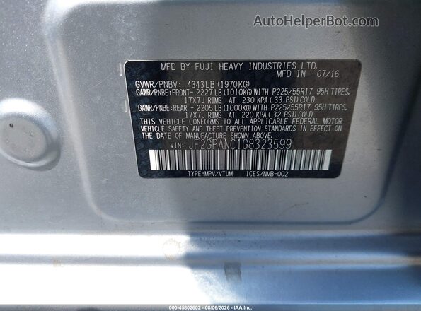 JF2GPANC1G8323599 2016 SUBARU CROSSTREK Silver Vista del compartimento del motor