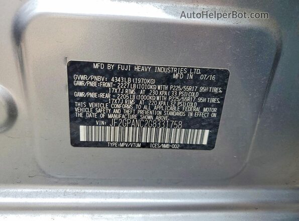 JF2GPANC2G8331758 2016 SUBARU CROSSTREK Серебряный Вид наклейки с VIN-кодом